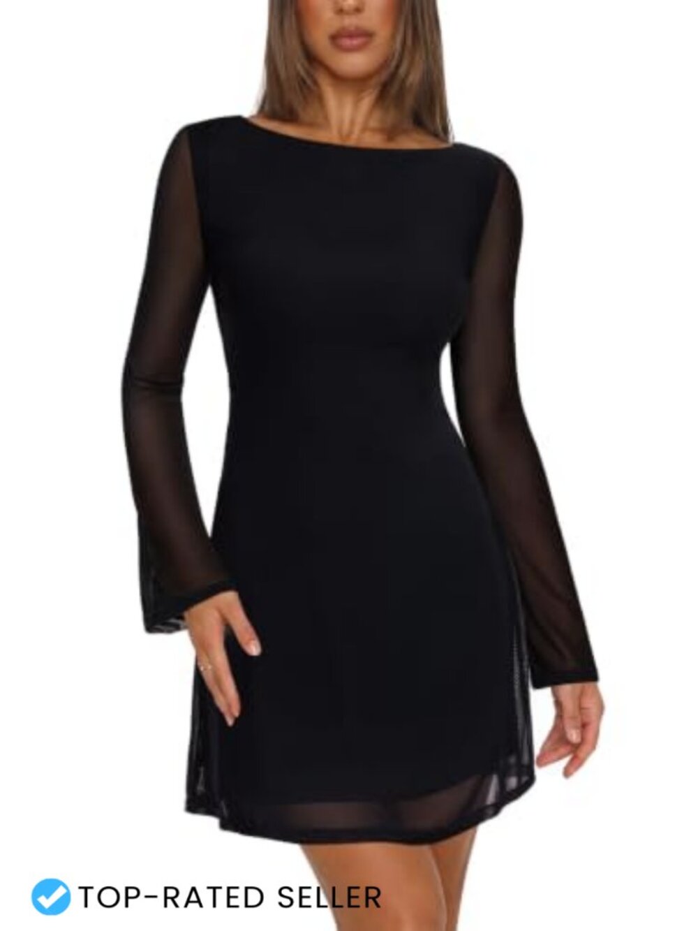 Mesh Bell Long Sleeve Mini Dress Boat Neck A-Line